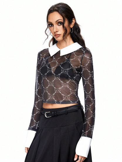 ROMWE Academia Blusa de mujer con cuello polo, bloques de color transparentes con estampado digital de cabeza de gato y espinas, uso escolar