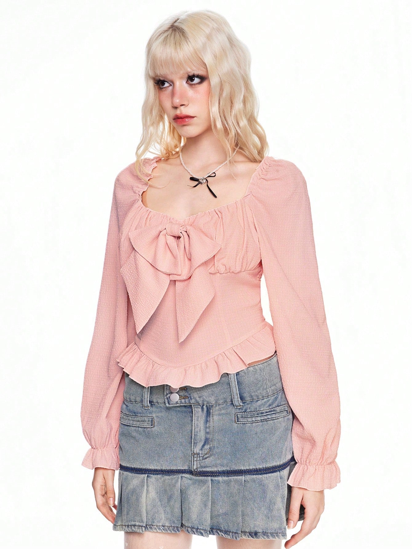 ROMWE Kawaii Blusa de mujer de manga larga con decoración de lazo y diseño de burbujas dulce y lindo