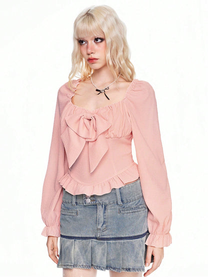 ROMWE Kawaii Blusa de mujer de manga larga con decoración de lazo y diseño de burbujas dulce y lindo