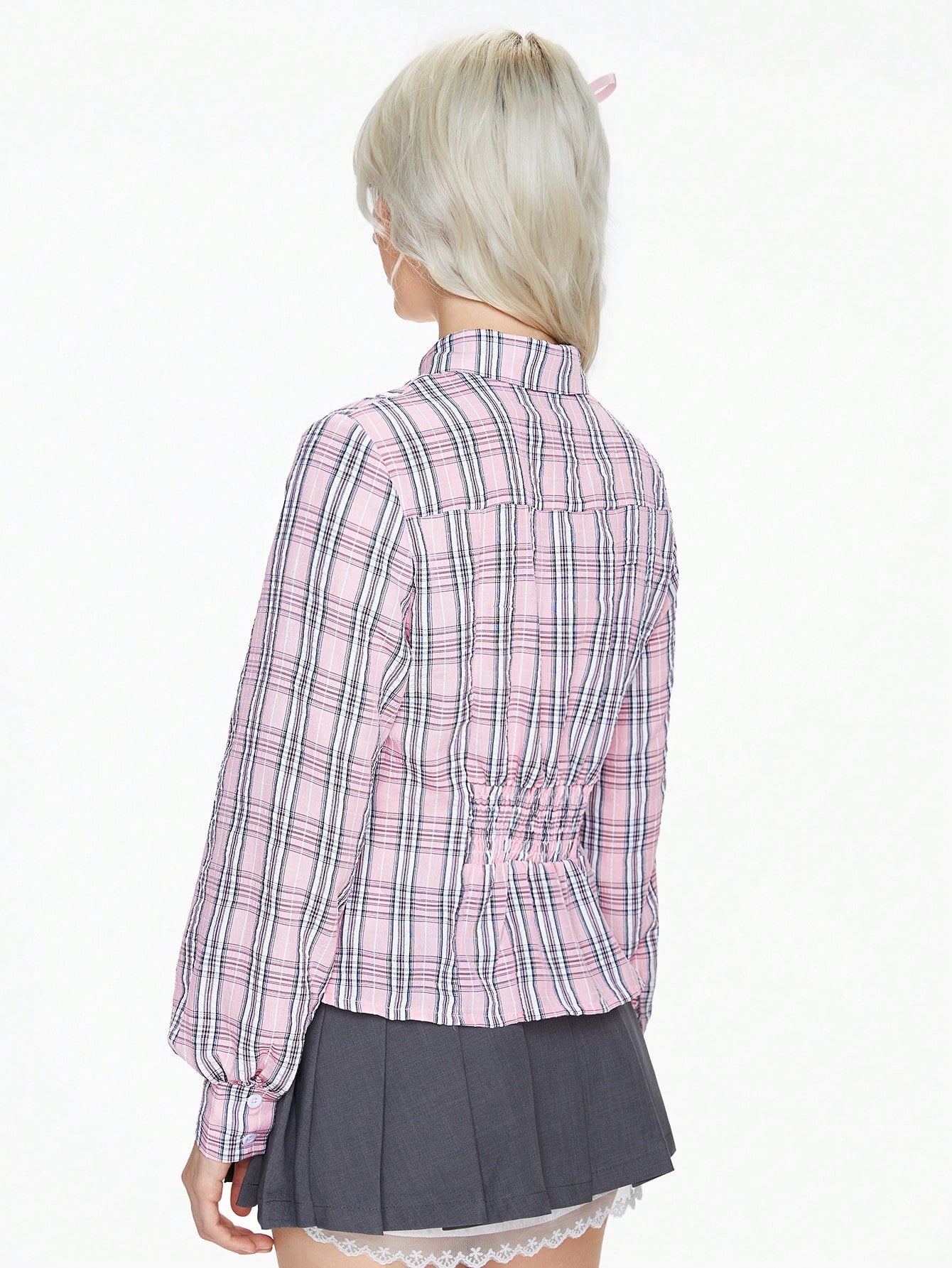 ROMWE Kawaii Blusa ajustada de tartán rosa lindo para damas