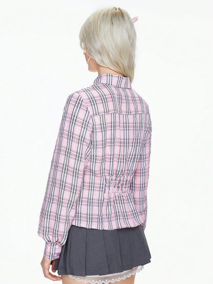 ROMWE Kawaii Blusa ajustada de tartán rosa lindo para damas