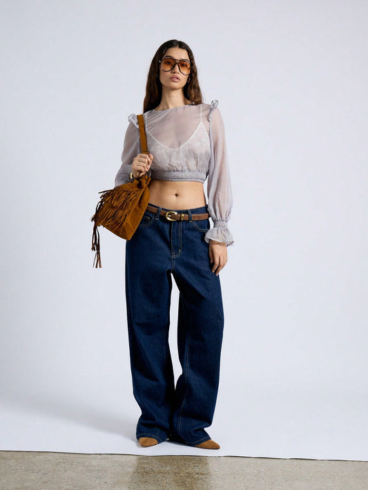 AiiRZ Blusa corta con mangas globo con volantes y transparencia