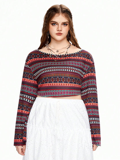 ROMWE Hippie Camiseta de rayas bohemias de talla grande con cuello de barco, manga ancha acampanada y longitud recortada, ideal para vacaciones