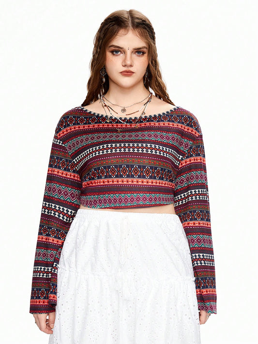 ROMWE Hippie Camiseta de rayas bohemias de talla grande con cuello de barco, manga ancha acampanada y longitud recortada, ideal para vacaciones