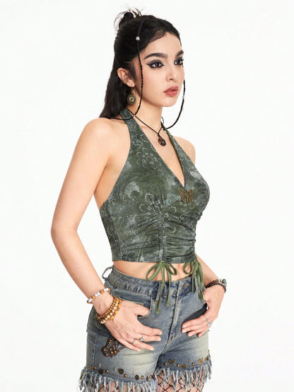 ROMWE Hippie Top sin mangas de mariposa de metal con cordón y lazo de estilo bohemio para mujeres