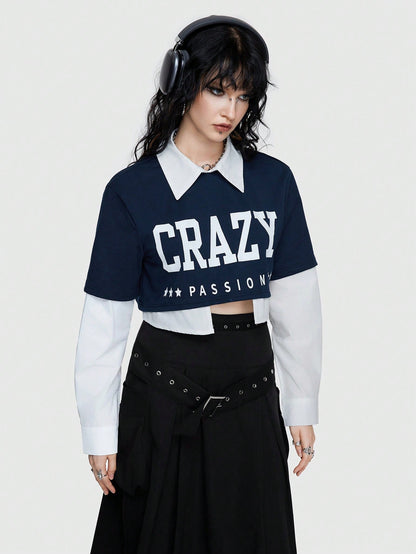 ROMWE Street Life Sudadera Corta Para Mujer En Estilo Americano De Moda Callejera 2 En 1