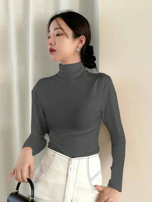 DAZY Camiseta interior de cuello alto de manga larga con ajuste ceñido para mujer, color gris profundo, apta para primavera/verano/otoño