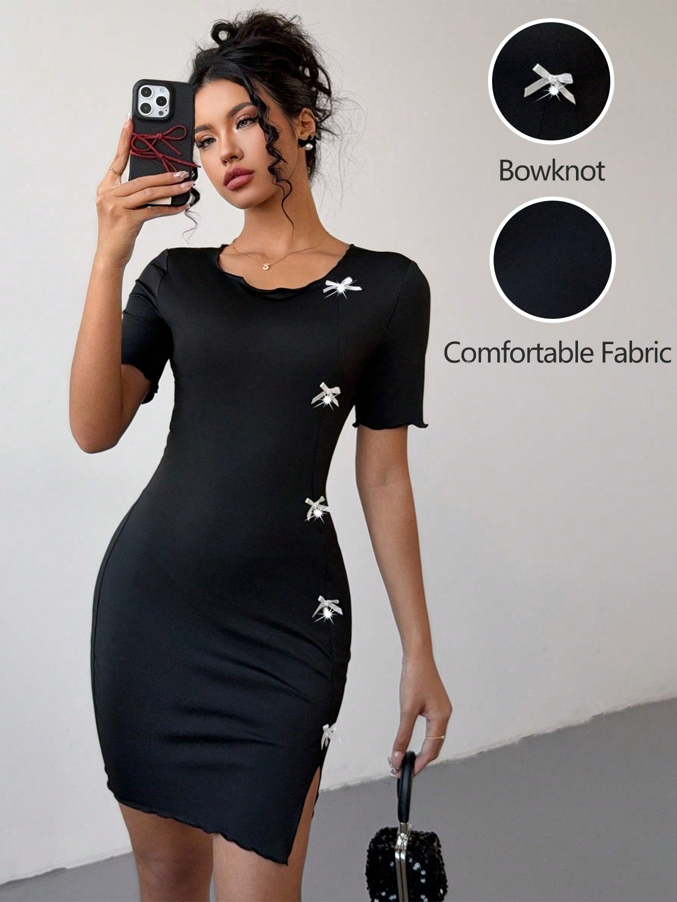 Rafferiza Vestido entallado de mujer de color negro sólido con lazo en la cintura