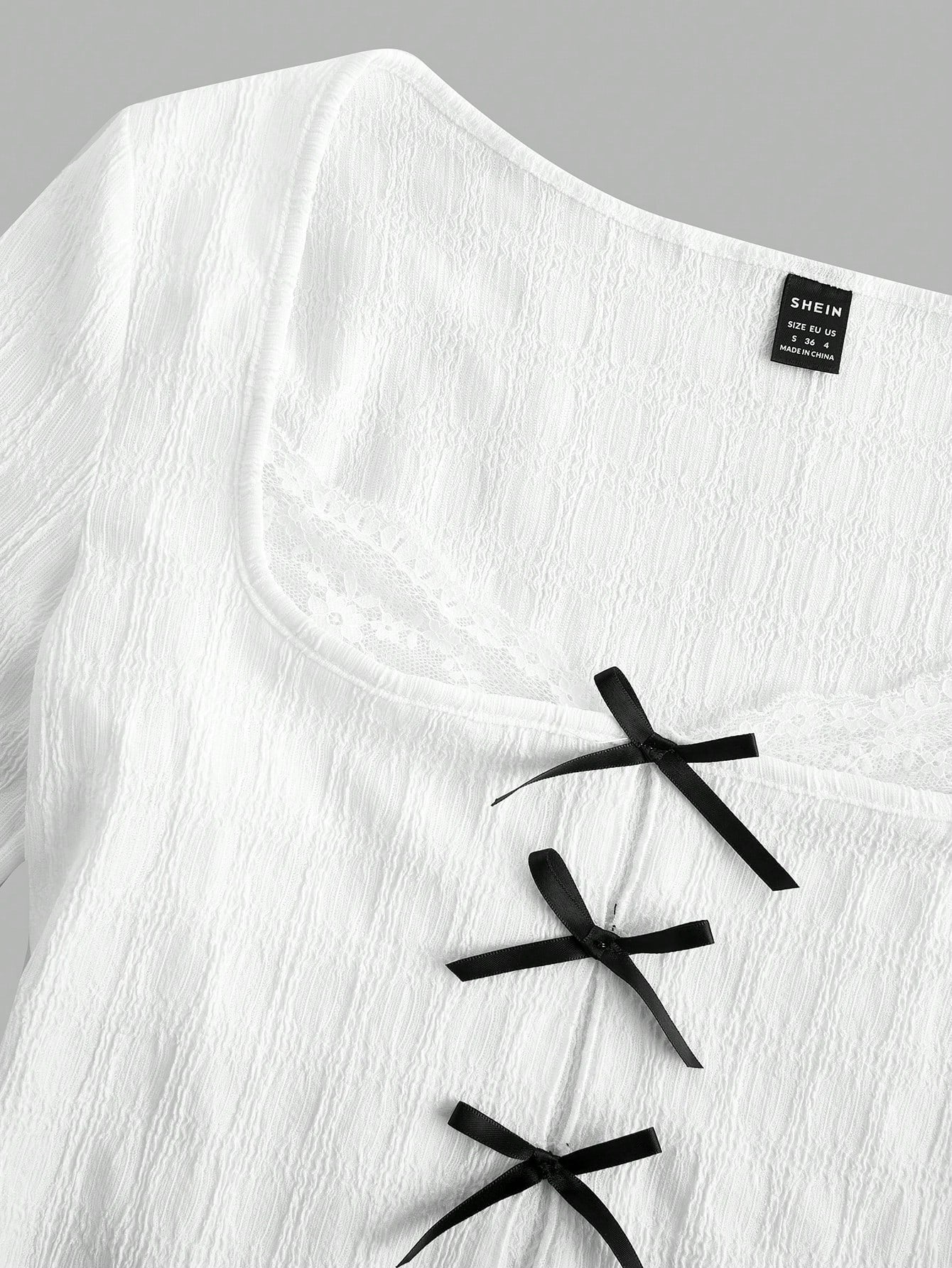 SHEIN MOD Camisetas slim fit para mujer con mangas largas y decoración de lazo de encaje de contraste