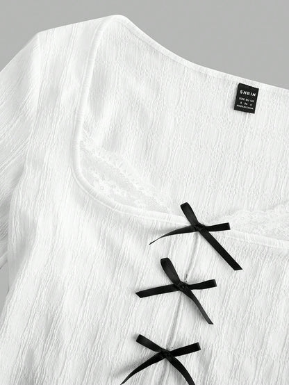 SHEIN MOD Camisetas slim fit para mujer con mangas largas y decoración de lazo de encaje de contraste