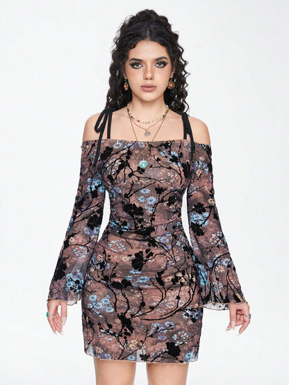 ROMWE Fairycore Vestido de malla con hombros descubiertos y mangas con volantes con diseño floral