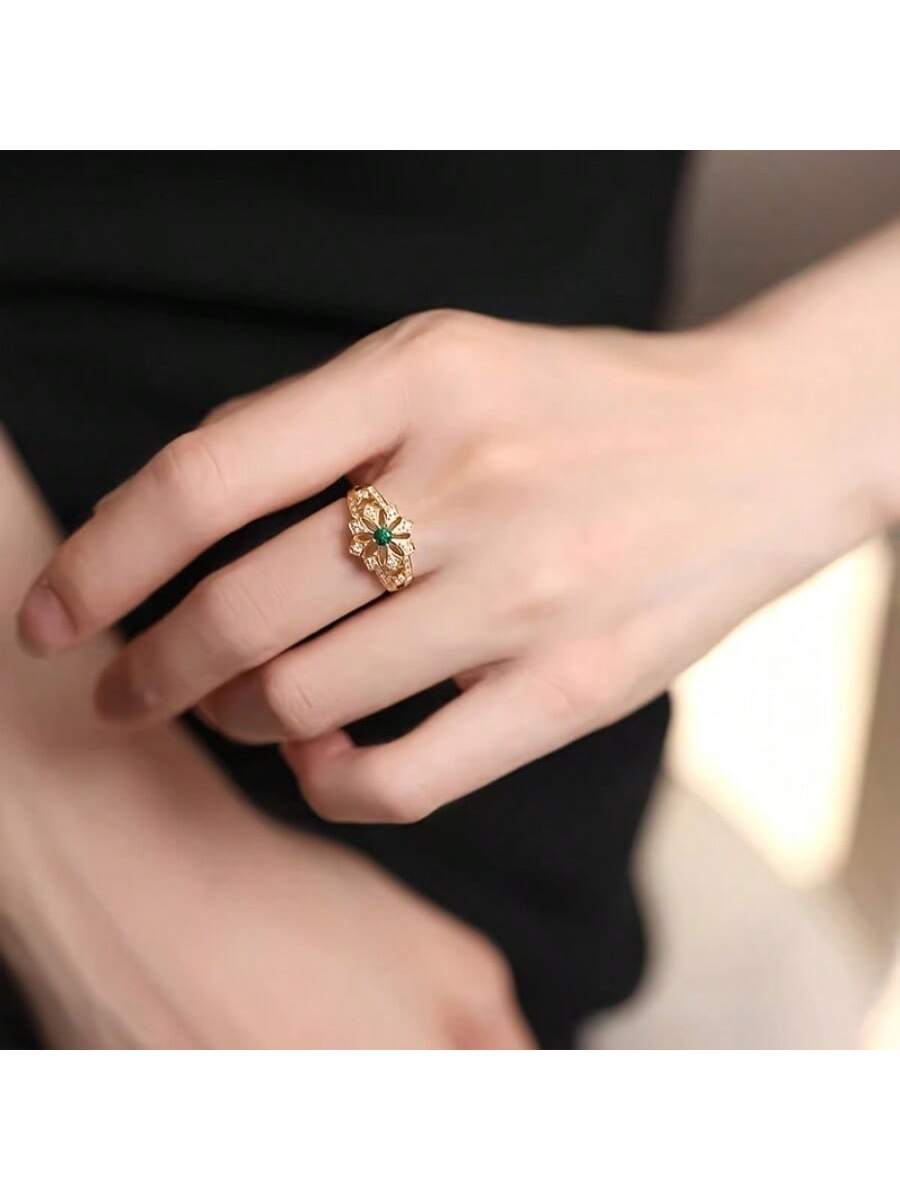 1 anillo de flor de topacio verde sintético vintage, con forma redonda y hueca, adecuado para el uso diario de las mujeres, joyería para bodas y fiestas, compromiso, regalo de aniversario