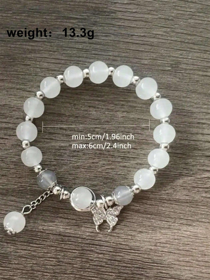 1 brazalete sencillo de piedra lunar gris y cristal natural de ojo de gato con cuentas, accesorios versátiles y elegantes para chicas