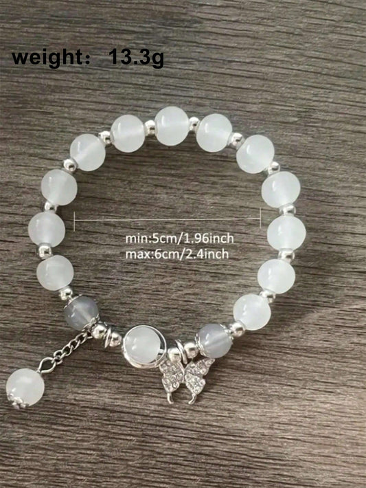 1 brazalete sencillo de piedra lunar gris y cristal natural de ojo de gato con cuentas, accesorios versátiles y elegantes para chicas