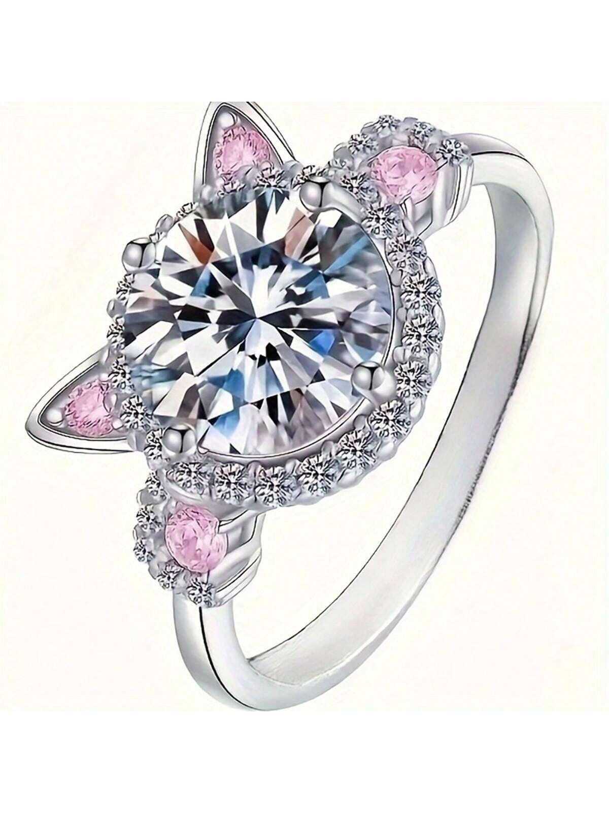 Nuevo anillo de promesa estilo coreano con encantador diseño de cabeza de gato con cristal rosa de rhinestone, accesorio de moda de aleación adecuado para uso diario, fiestas, reuniones y como regalo