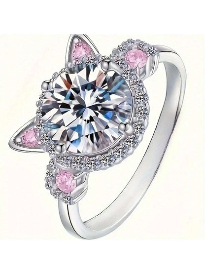 Nuevo anillo de promesa estilo coreano con encantador diseño de cabeza de gato con cristal rosa de rhinestone, accesorio de moda de aleación adecuado para uso diario, fiestas, reuniones y como regalo