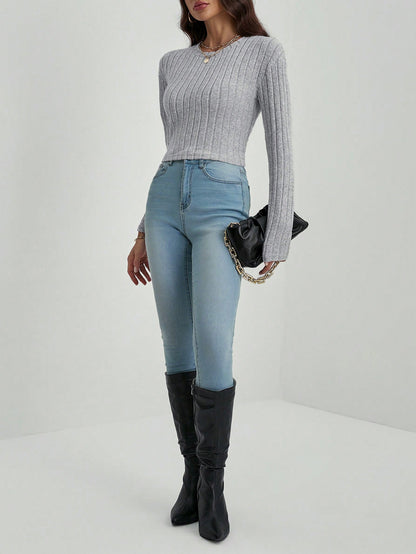 SHEIN Tall Top corto de punto acanalado sólido, informal de otoño