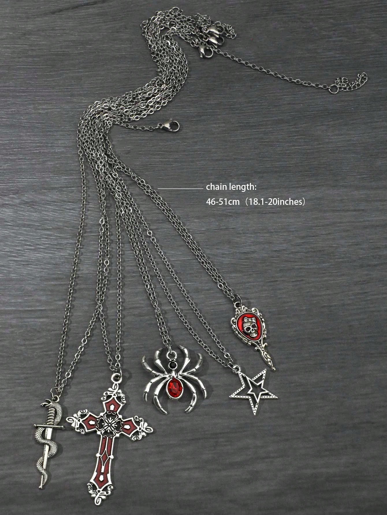 Set de 5 collares con colgantes de araña con diamantes de imitación, cruz, estrella, calavera, serpiente y media luna en estilo espejo, con cadena de acero inoxidable, en bohemia, hip hop y de personalidad.