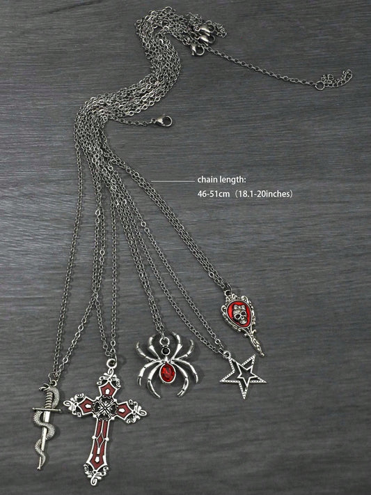 Set de 5 collares con colgantes de araña con diamantes de imitación, cruz, estrella, calavera, serpiente y media luna en estilo espejo, con cadena de acero inoxidable, en bohemia, hip hop y de personalidad.