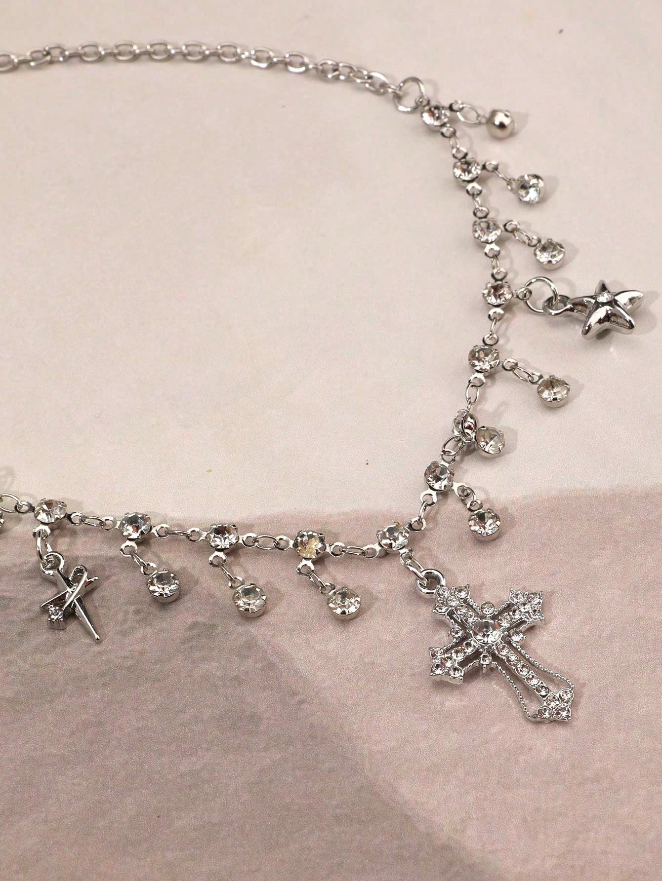 Collar De Colgante De Borla De Cruz Personalidad En Forma De Estrella Con Incrustaciones De Diamantes Para Mujeres, Decoración De Alta Gama, Estilo Gótico, Adecuado Para La Moda Y2k, Haciéndote Brillar Y Único