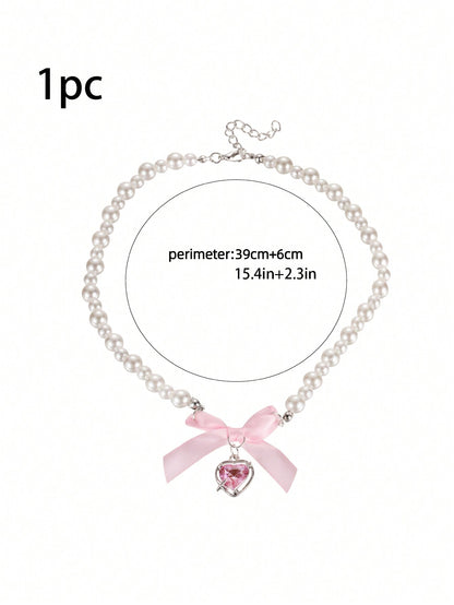 1 pieza Collar con forma de corazón rosa romántico con lazo para mujeres, dulce y puro, cadena de clavícula para San Valentín