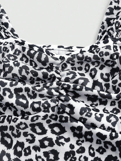 ROMWE J-Fashion Top de malla elástico ajustado con cuello de barco, lazo y estampado de leopardo sexy y de tendencia para mujeres maduras