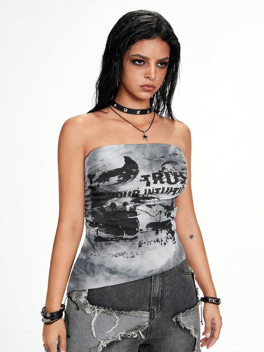 ROMWE Grunge Punk Top tubo ajustado corto con estampado de ojo en tie-dye negro y gris, bajo asimétrico, estilo punk del páramo