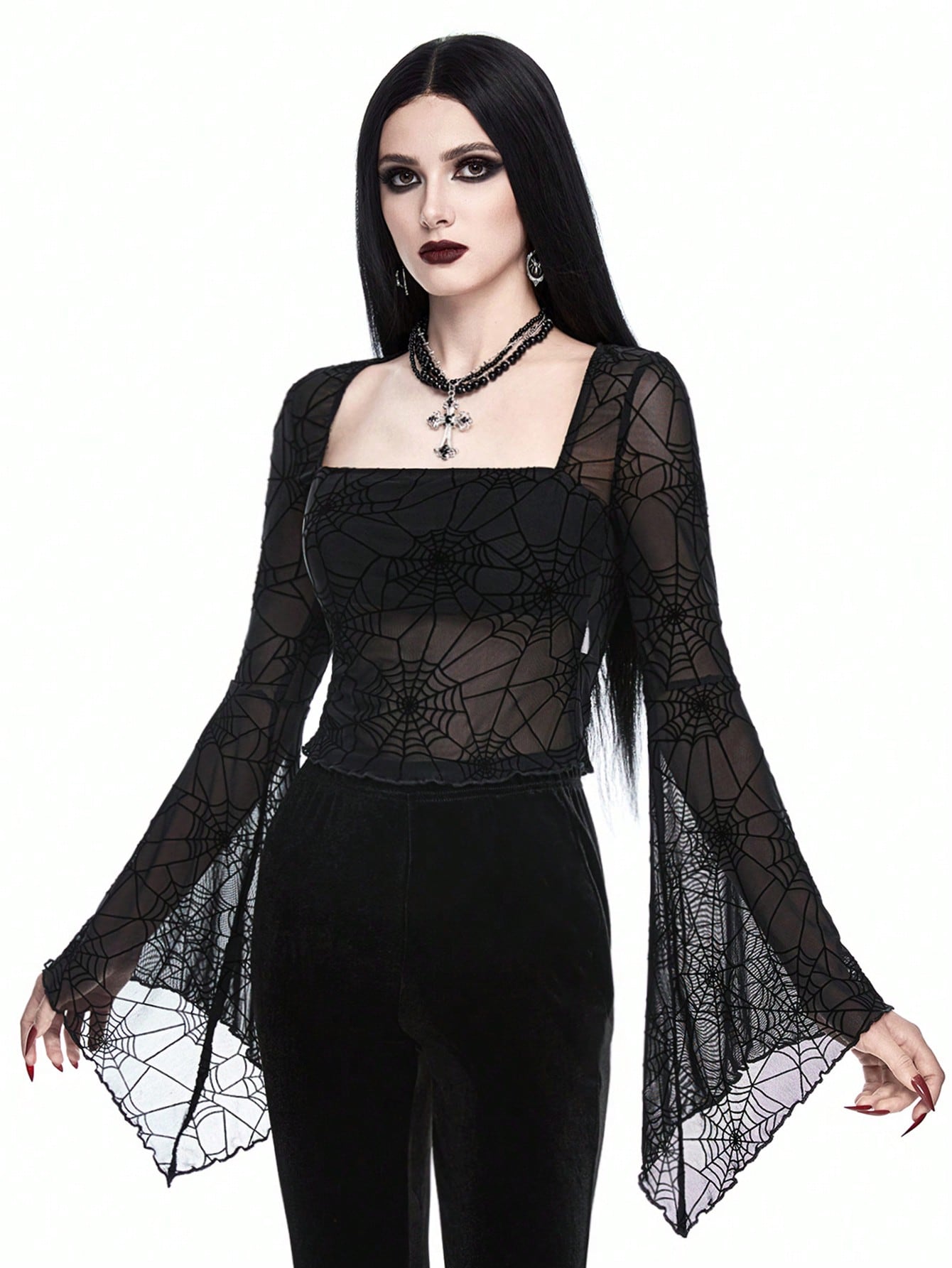 ROMWE Goth Top corto con cuello alto, mangas acampanadas y cintura ajustada con estampado de telaraña gótico, para Navidad