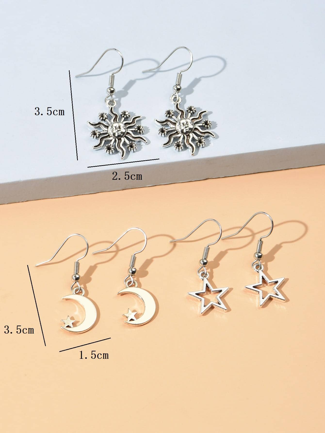 3 pares/set Pendientes largos moda aleación de zinc estrella y luna para mujeres para regalo