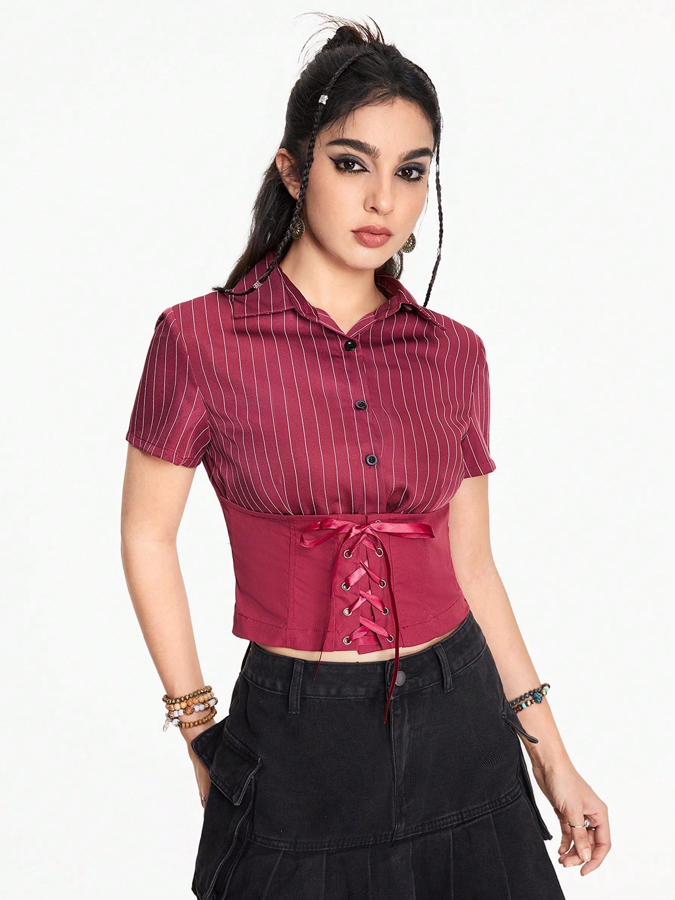ROMWE Fairycore Blusa casual de mujer de verano con manga corta, rayas y cintura con cordón, para la escuela