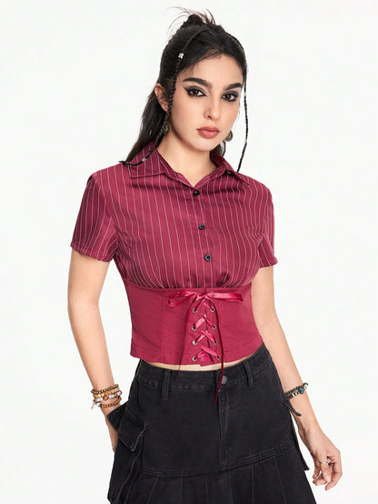ROMWE Fairycore Blusa casual de mujer de verano con manga corta, rayas y cintura con cordón, para la escuela