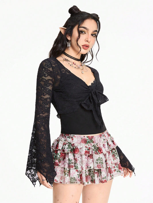 ROMWE Hippie Blusa informal con mangas largas, patchwork de encaje y nudo en la parte delantera para mujeres