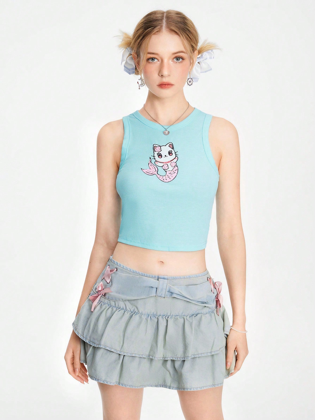 ROMWE Kawaii Lindo top corto de estilo universitario para mujer con estampado de gato dibujos animados para el verano