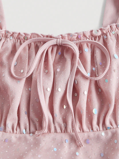 SHEIN MOD Top de tirantes con diseño de lentejuelas con cordón delantero pecho con fruncido
