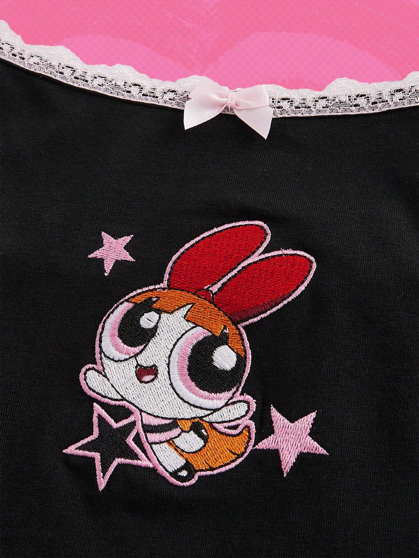 The Powerpuff Girls | ROMWE Camiseta de tirantes con bordado de dibujos animados y detalle de lazo de encaje, verano