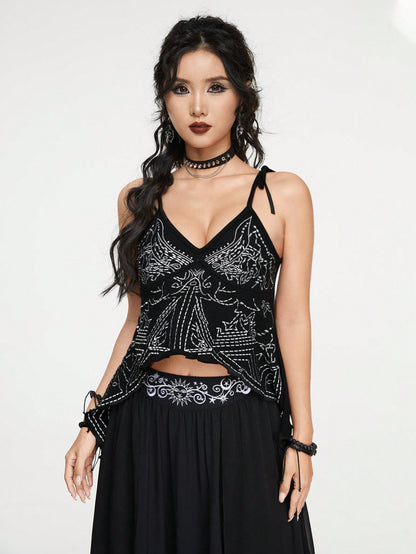 ROMWE Goth Top de tirantes con dobladillo asimétrico bordado, estilo vacacional, para mujer, para verano