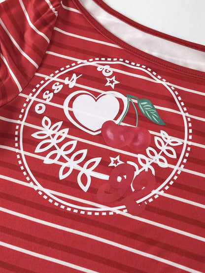 SHEIN Qutie Camiseta casual de manga corta con cuello redondo y estampado de rayas y corazones para mujer en verano