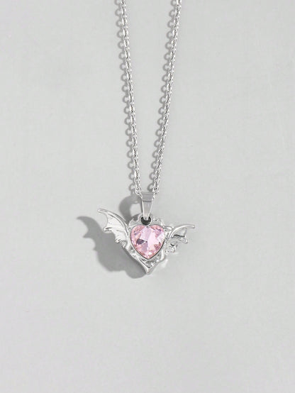 ROMWE Kawaii Set de 3 collares de corazón con detalle de lazo de cristal de color rosa con incrustaciones de estilo europeo y estadounidense INS, perfecto para San Valentín