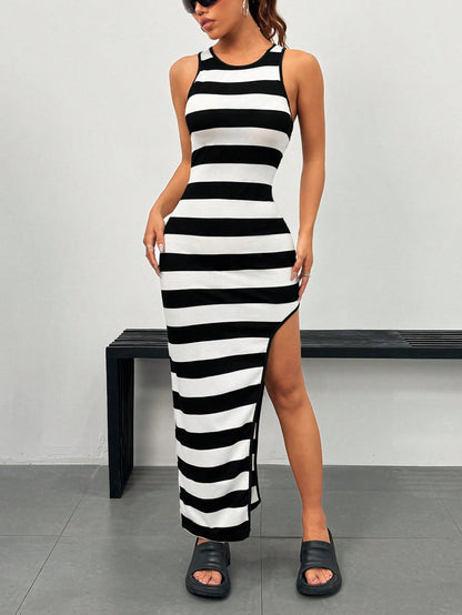 SHEIN EZwear Vestido de verano largo y sin mangas con rayas de bloques de color para mujer con ajuste ceñido y aberturas laterales