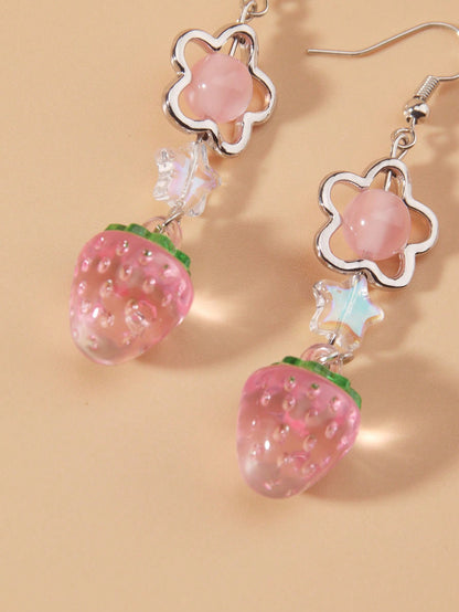 ROMWE Kawaii Linda Estrella De Arcilla Polimérica Con Cuentas, Pendiente Con Diseño De Fresa Y Colgante, Regalo De Joyería