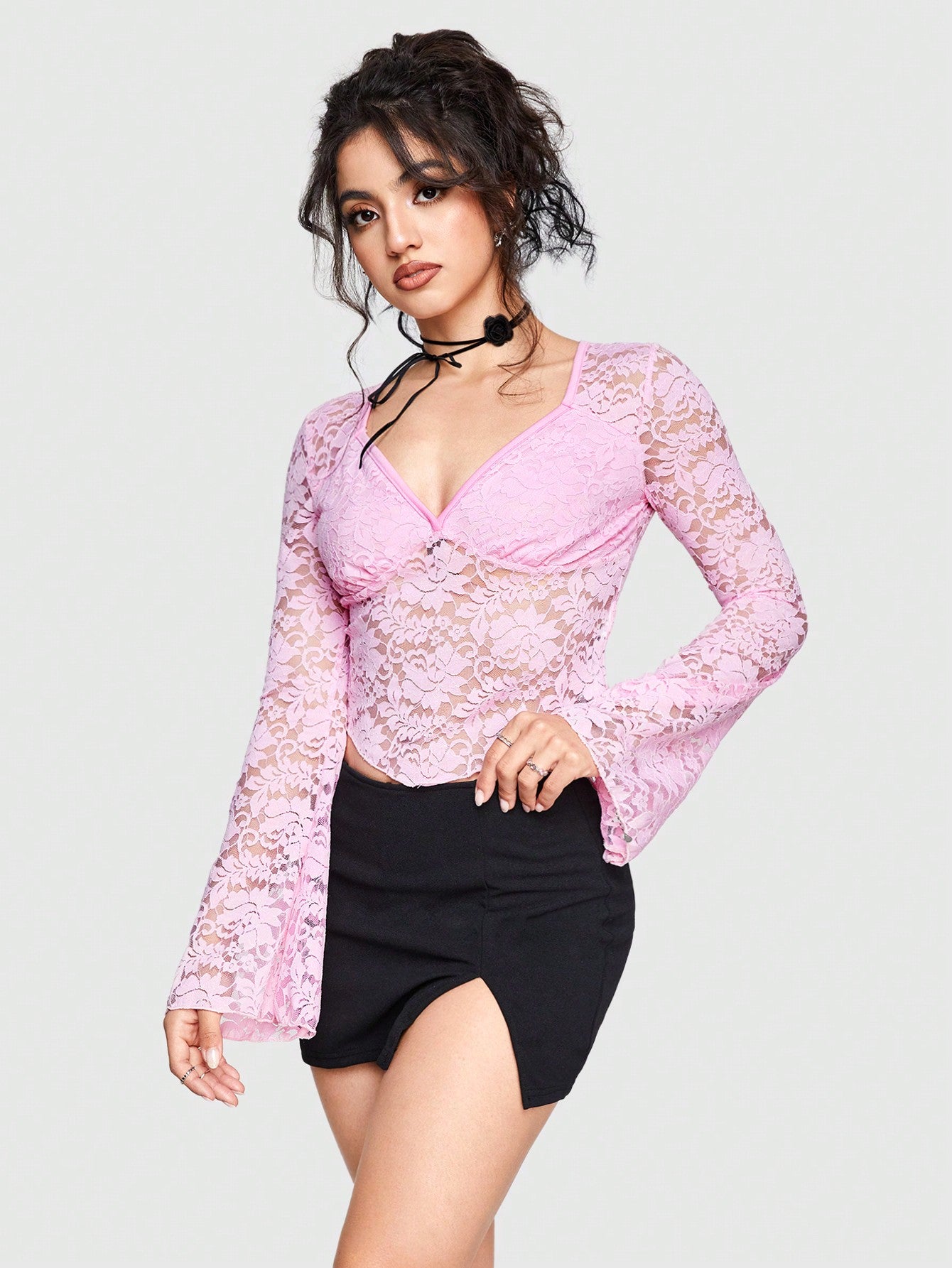 Sweetness Blusa De Manga Acampanada Y Encaje De Color Sólido Para Mujeres
