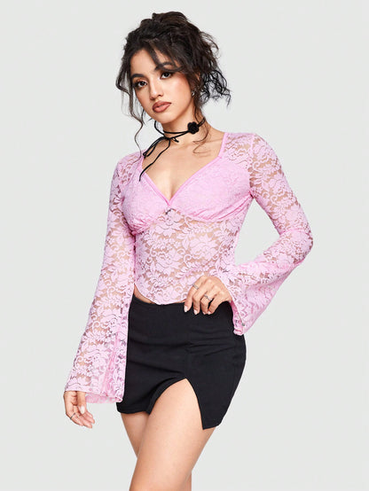 Sweetness Blusa De Manga Acampanada Y Encaje De Color Sólido Para Mujeres