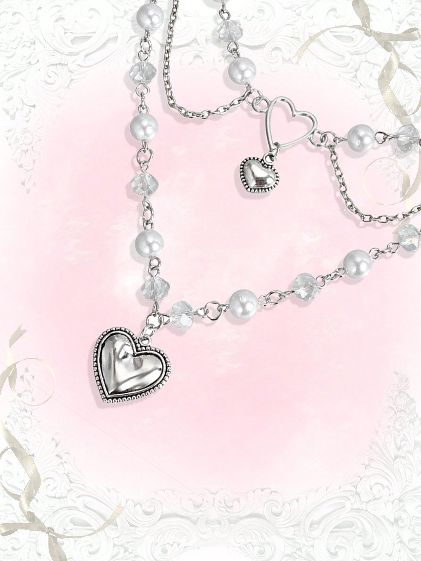 ROMWE Kawaii 1 pieza Lindo collar colgante con perla falsa, corazones y borlas para el Día de San Valentín