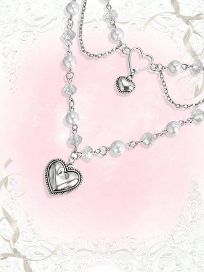 ROMWE Kawaii 1 pieza Lindo collar colgante con perla falsa, corazones y borlas para el Día de San Valentín