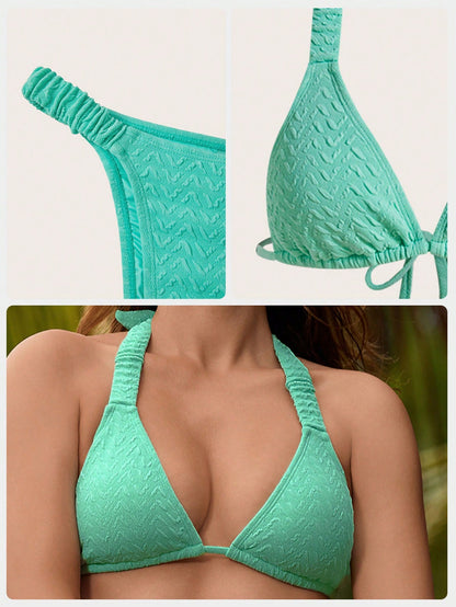 SHEIN Swim Conjunto de bikini de cuello de halter de unicolor para mujer, playa de verano