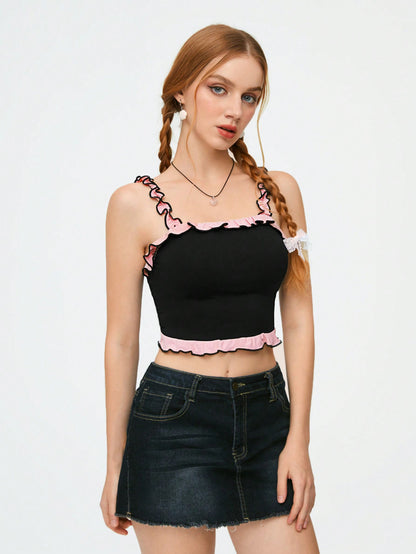 SHEIN Qutie Camiseta De Tirantes Para Mujer Simple Y Dulce Con Dobladillo Con Volantes Para Deportes Y Ballet