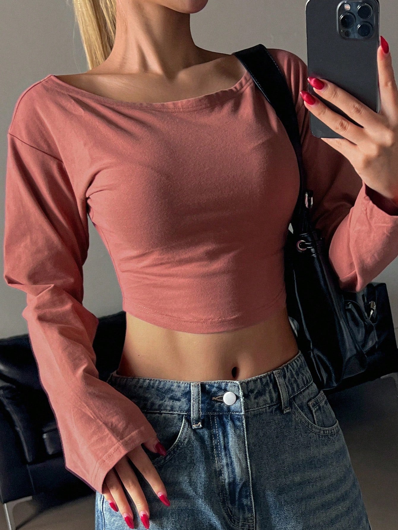 DAZY 1 pieza Camiseta corta ajustada de cuello redondo sencilla de color sólido para mujer en otoño