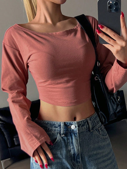 DAZY 1 pieza Camiseta corta ajustada de cuello redondo sencilla de color sólido para mujer en otoño
