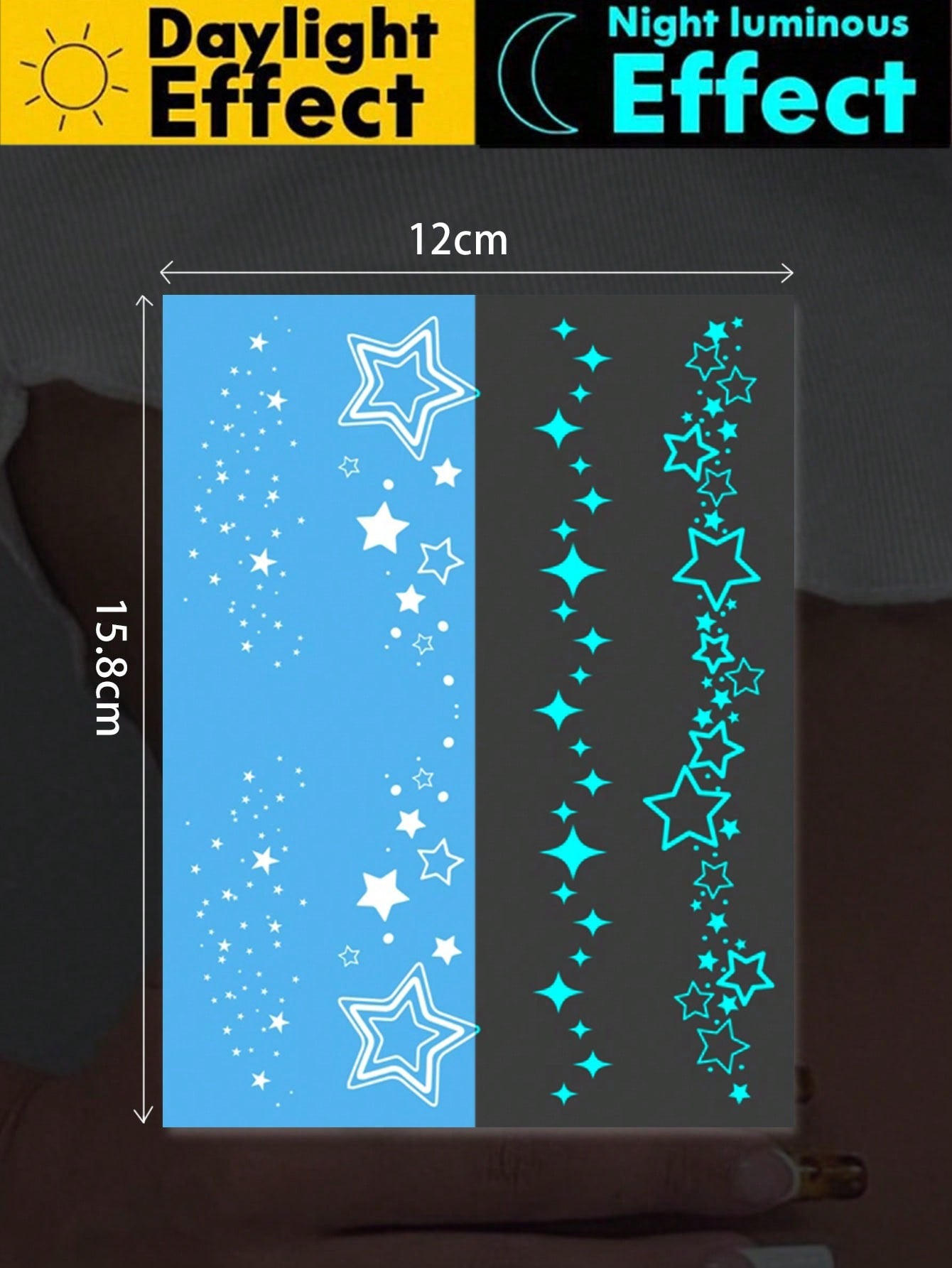 1 pieza Tatuaje temporal de arte corporal luminoso con tinta blanca y que brilla en la oscuridad, diseño de estrella resplandeciente para ojos, tatuaje falso brillante a prueba de agua para la cara y el Body, dura de 2 a 5 días