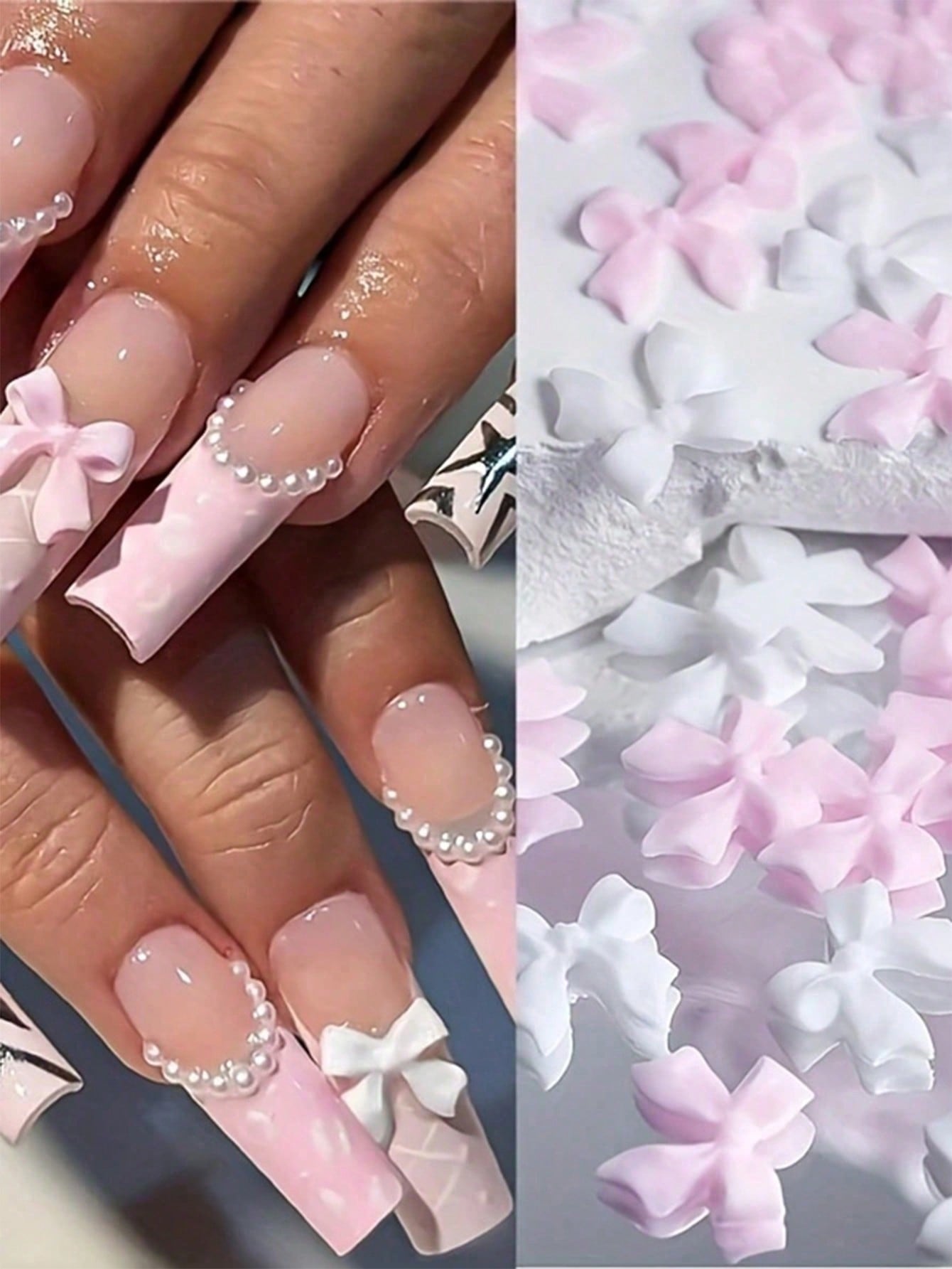 Kit de decoraciones para uñas con flores 3D en forma de lazo, decoraciones de arte de uñas rosa y blanco con medias perlas, gemas acrílicas florales lindas para manualidades de manicura DIY